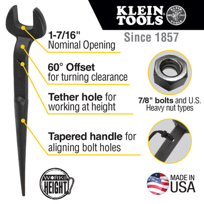 Klein Spud Wrench, 3/4'' Bolt for U.S. Heavy Nut with Tether Hole - 3212TT